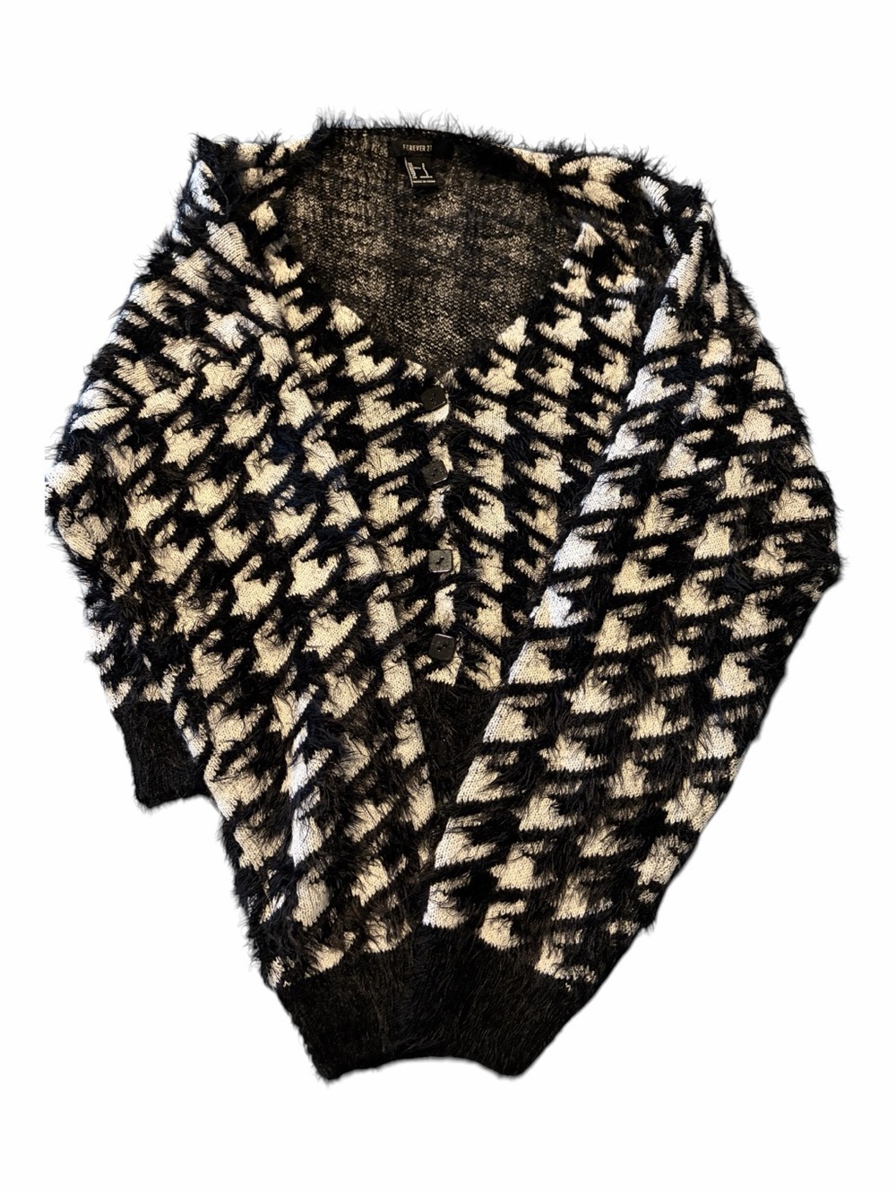 Forever 21 Fuzzy Eyelash Knit Houndstooth Cardigan Sweater Black/White Small